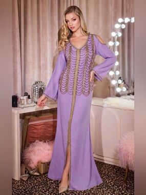 Luxury Moroccan Kaftan Lavender Gold Embroidery Elegant Evening .